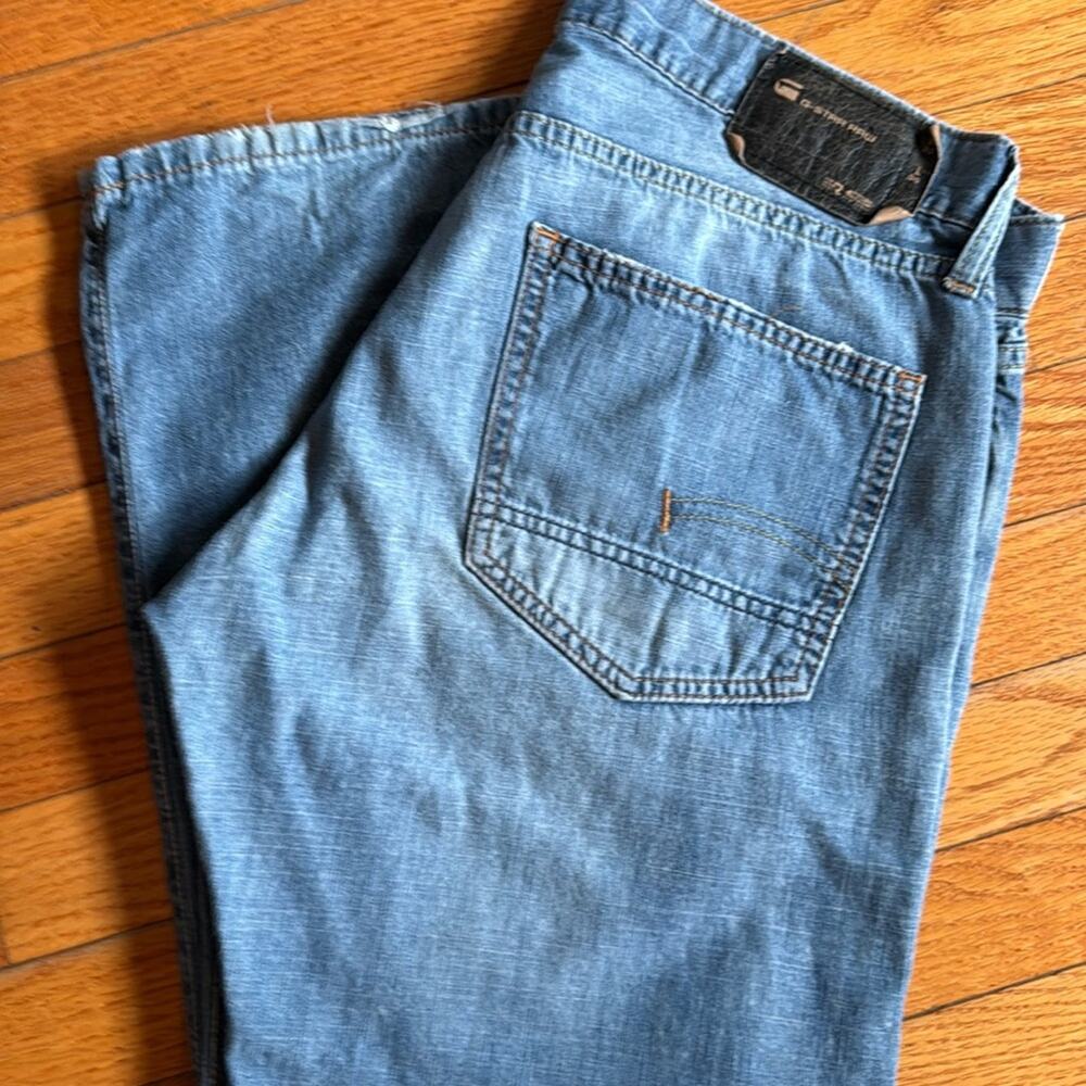 Vintage G-Star RAW SC Low Straight Jeans 33x30 Light Wash Natural Distressed Y2K